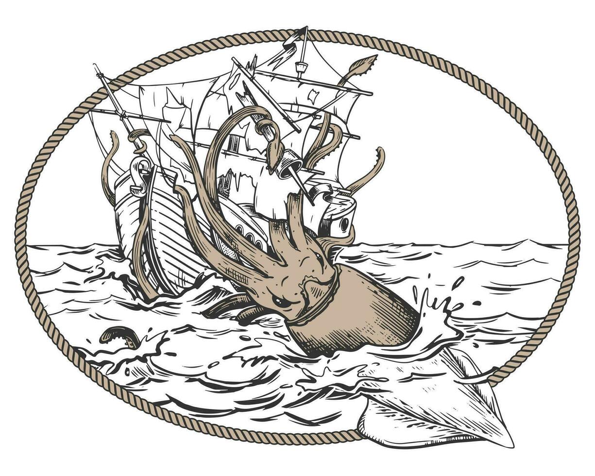 el legendario kraken es agresor el barco. un calamar arrastra un velero submarino. monocromo dibujo en un oval cuerda marco. vector ilustración en grabado estilo. composición establecido en marinero leyendas