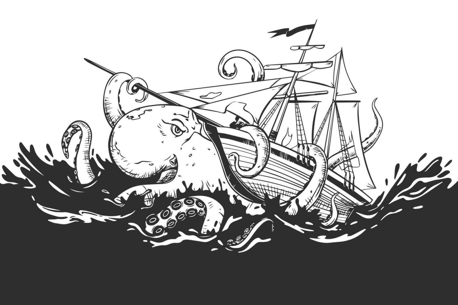 An enraged kraken attacks a commercial sailboat. Mythical monster from the dark depths. The octopus wraps its tentacles around the sailboat and pulls it to the bottom. Vector image.