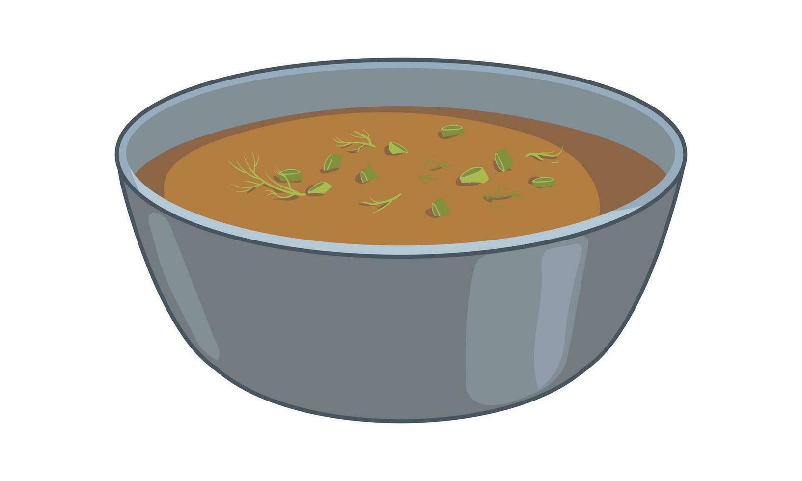 Kari in a bowl on a white background. Vector, flat style. A common food in Asia, served as a sauce or main dish. Traditional food from India, Thailand, Nepal and Japan. Soup with greens. vector
