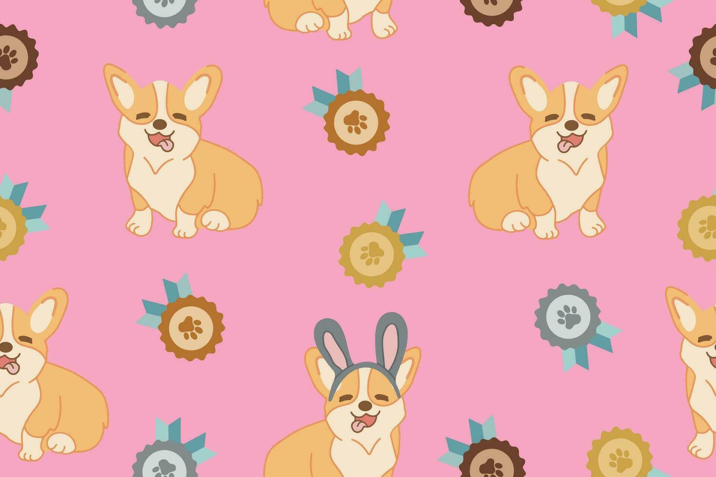 sin costura modelo con dibujos animados corgi perro modelo y medallas vector ilustración en un rosado antecedentes.