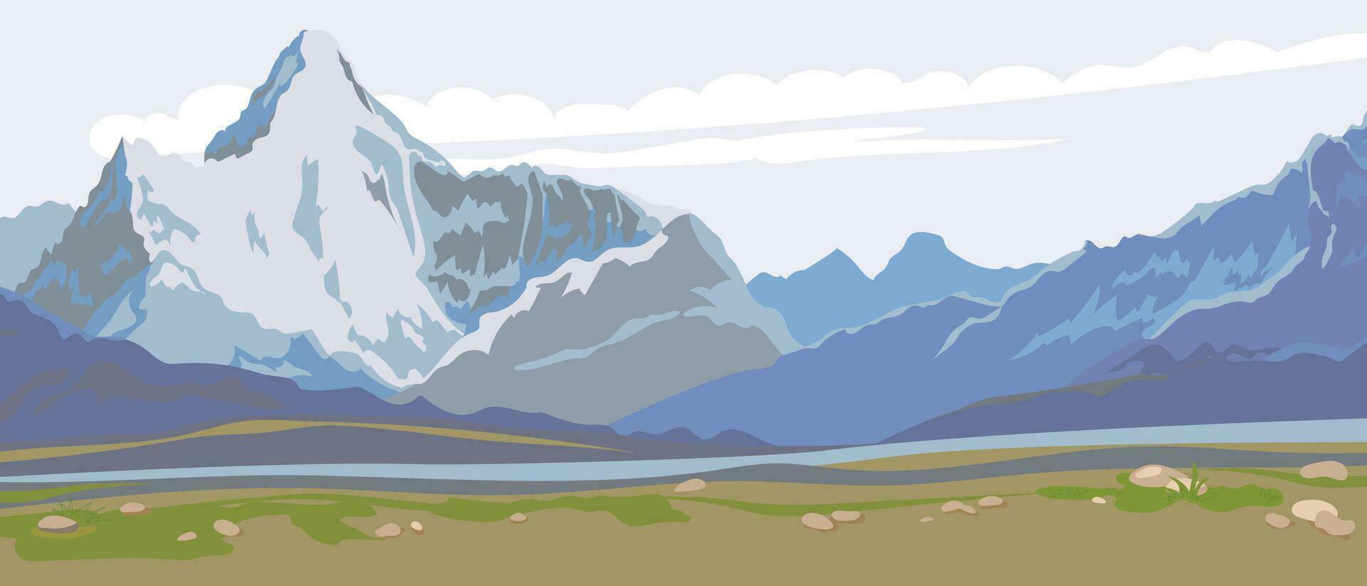 Picturesque landscape with mountains, high mountain valley, river. Panoramic view of distant mountains and blue sky. Picturesque nature. Vector illustration, silhouettes of mountains.