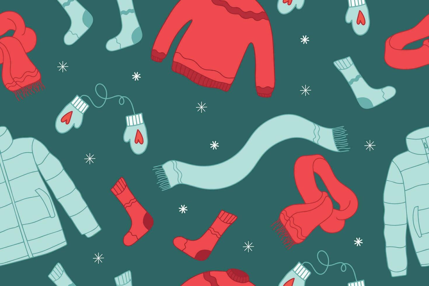 Seamless pattern with warm elements. Scarf, hat, mitten. Hand drawn doodle. Vector illustration. Vector illustration