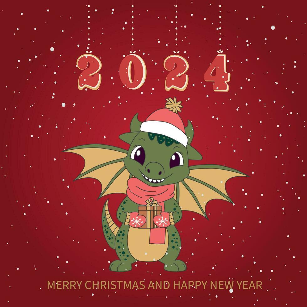 Christmas card with a cute green dragon symbol of 2024. Funny green dragon with a gift. Merry Christmas and Happy New Year card. Vector. Vector illustration. Vector illustration