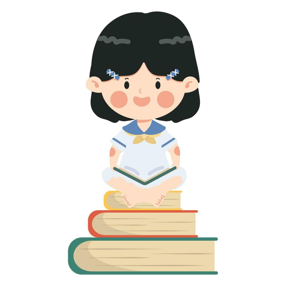 Kid girl sitting Stack of books vector