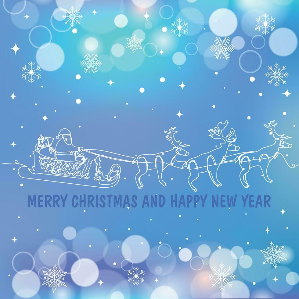 One continuous line drawing Santa Claus on reindeer and sled. concept for Christmas and New Year. Vector illustration