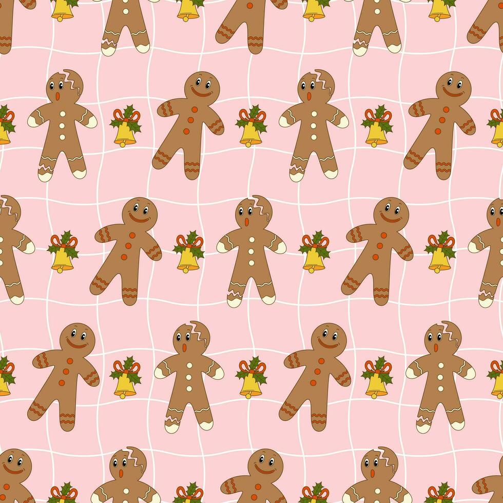 Pattern of dancing, gingerbread men.Pink background. Vector illustration.