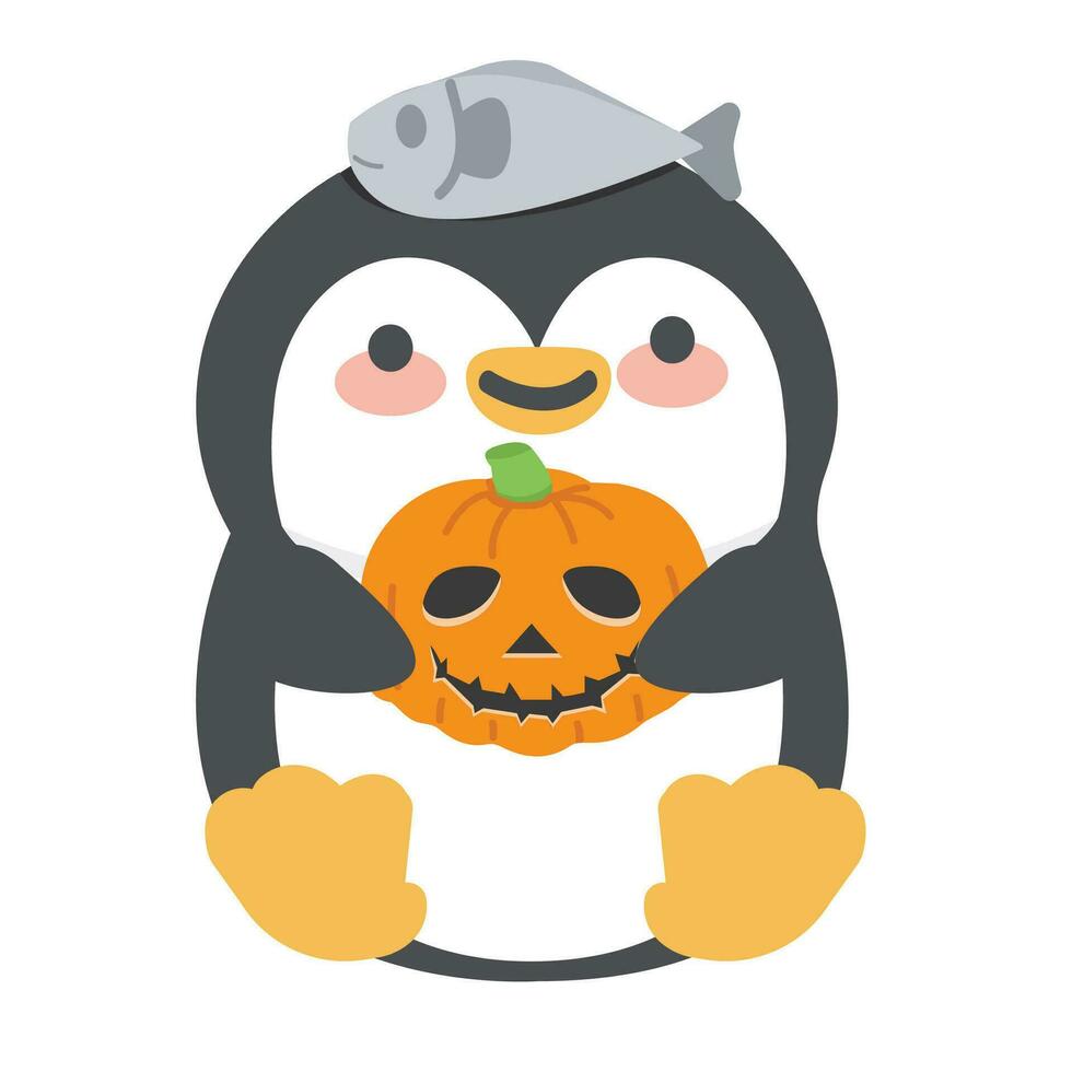 Cute penguin holiding a pumpkin vector