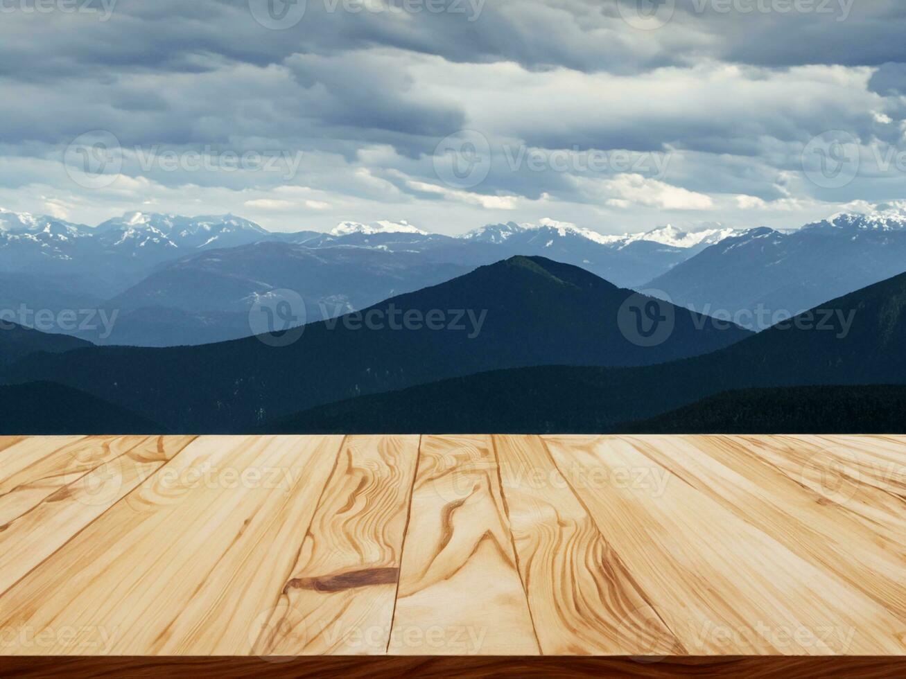 wooden table and blurred nature landscape photo