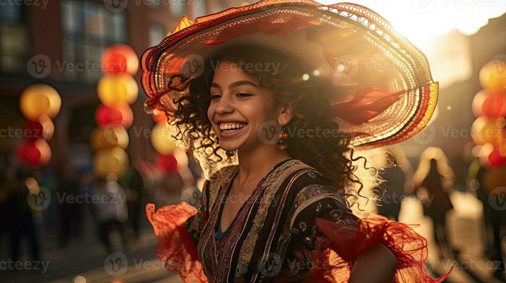 Portrait girl wearing sombrero dancing on the street of city AI Generative photo