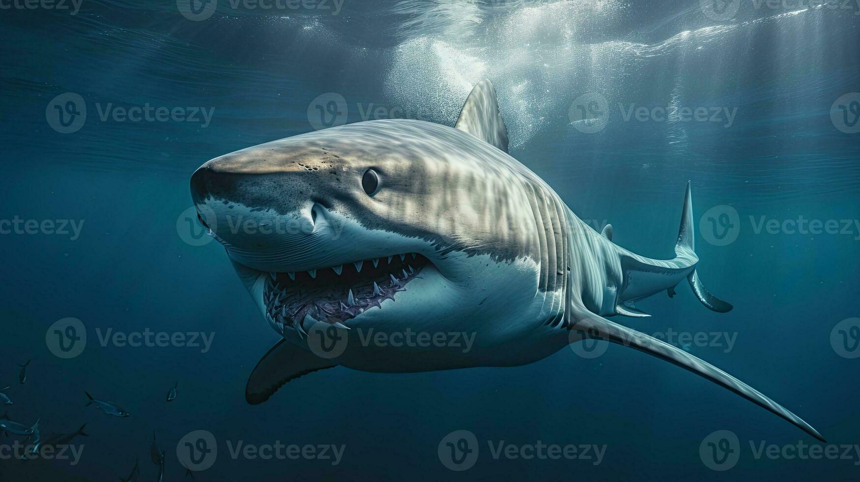 retrato de miedo blanco tiburón apareciendo en el mar ai generativo foto