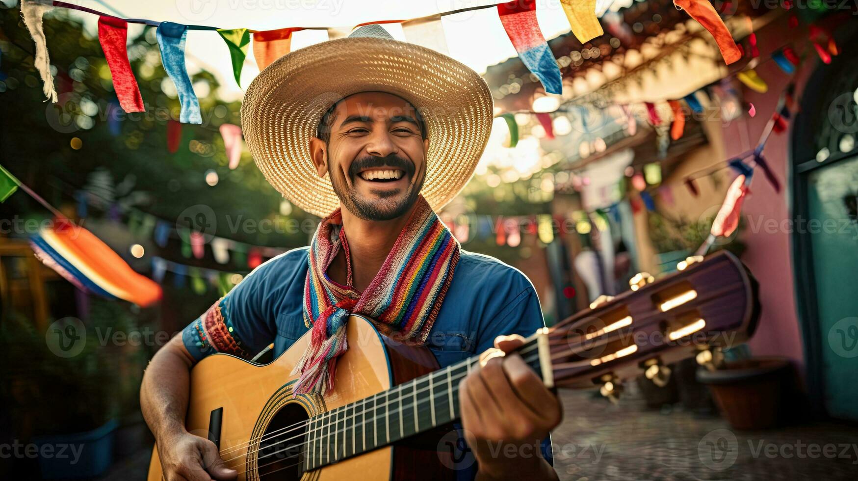 Portrait man wearing sombrero playing guitar AI Generative photo