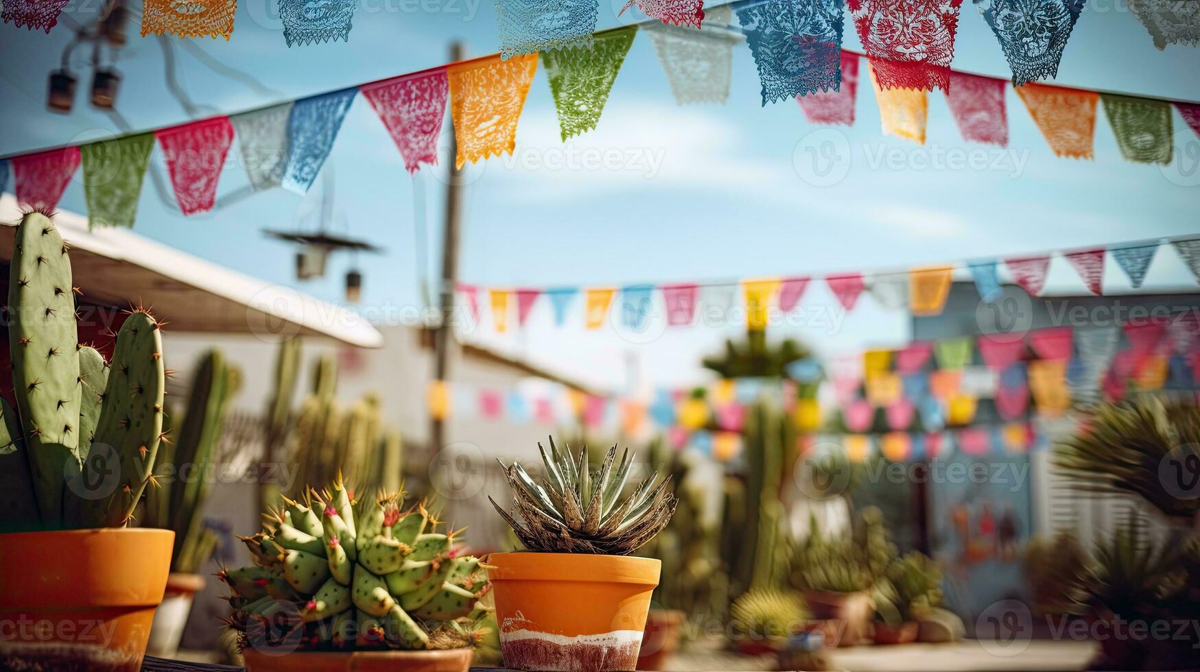 Portrait cactus on the pot with bunting AI Generative photo