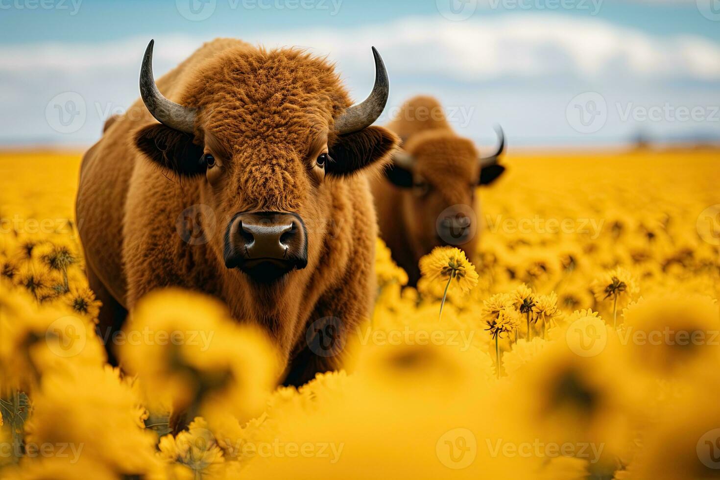 Portrait buffalo on the flower garden with light exposure AI Generative photo