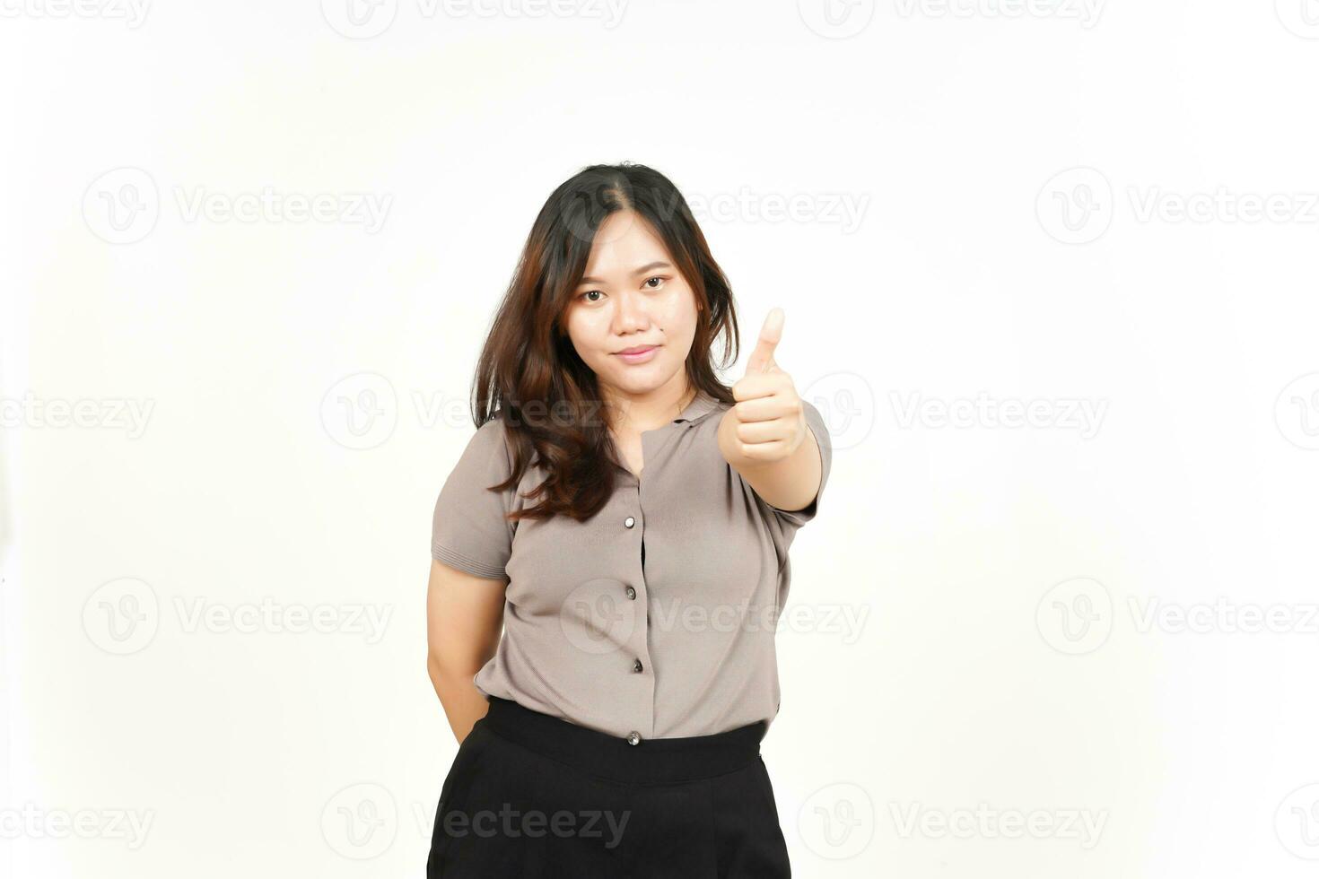 Showing Thumbs up Of Beautiful Asian Woman Isolated On White Background photo