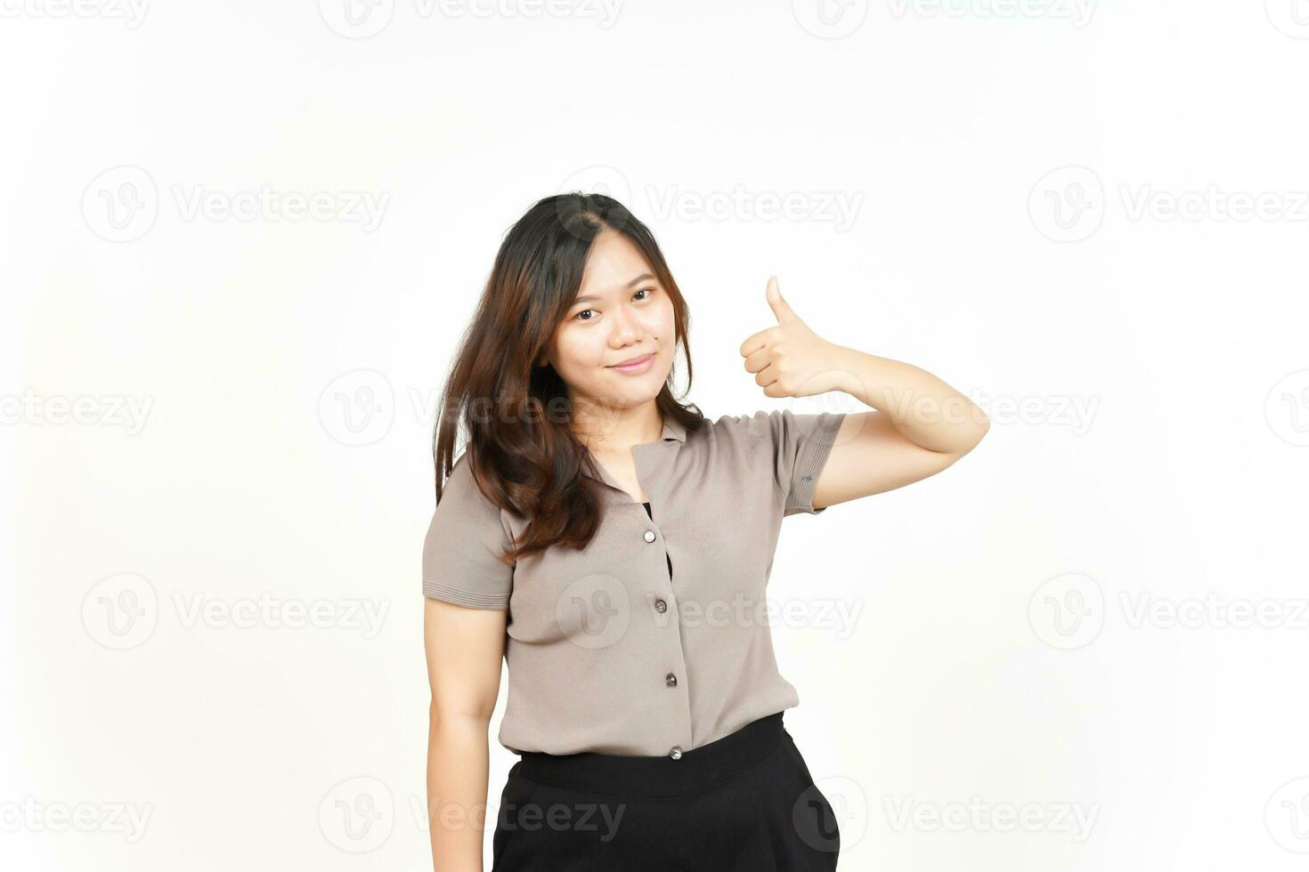 Showing Thumbs up Of Beautiful Asian Woman Isolated On White Background photo