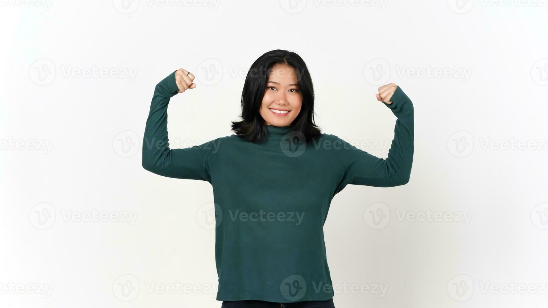 Showing Strength Arms Woman Equals Concept Of Beautiful Asian Woman Isolated On White Background photo