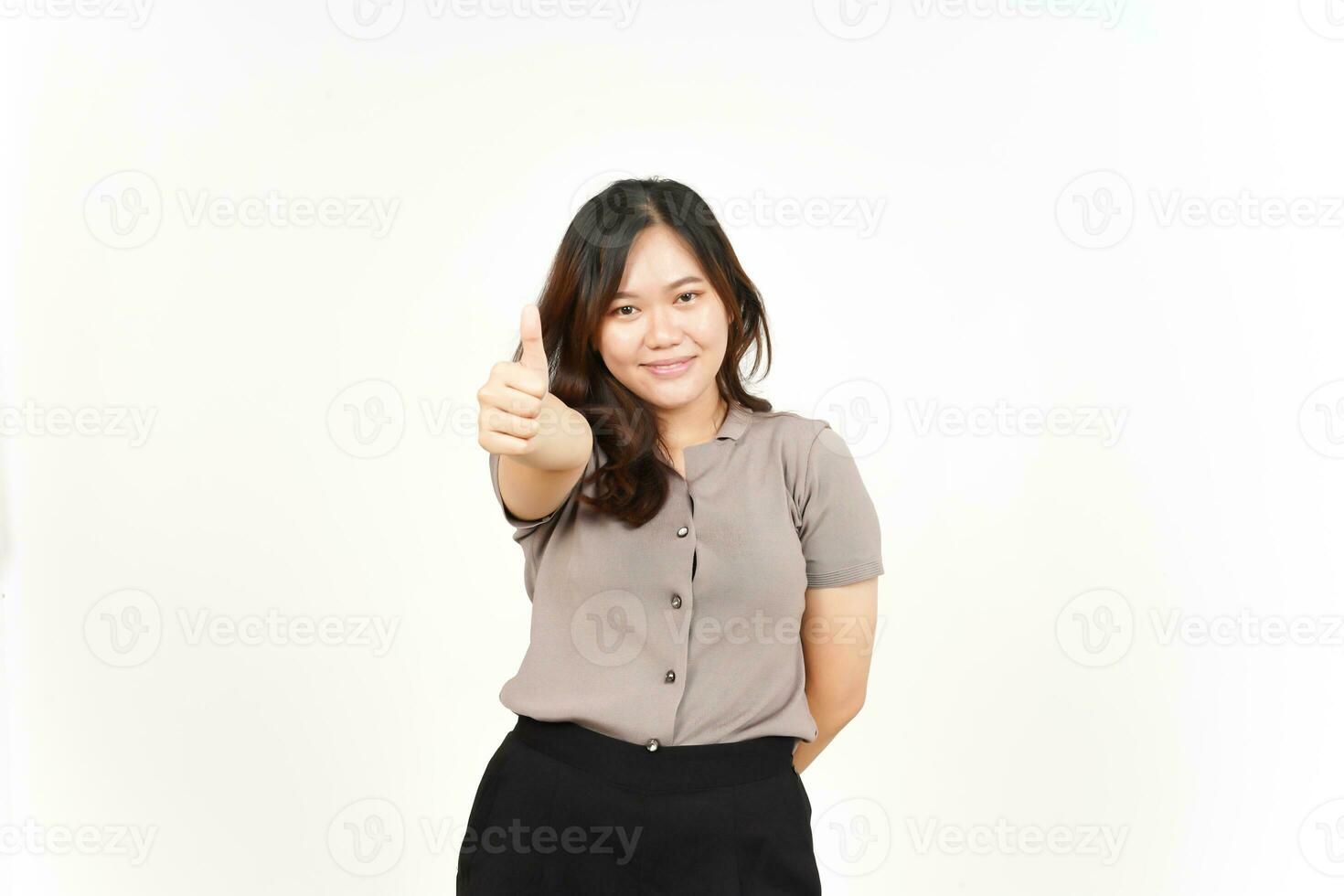 Showing Thumbs up Of Beautiful Asian Woman Isolated On White Background photo