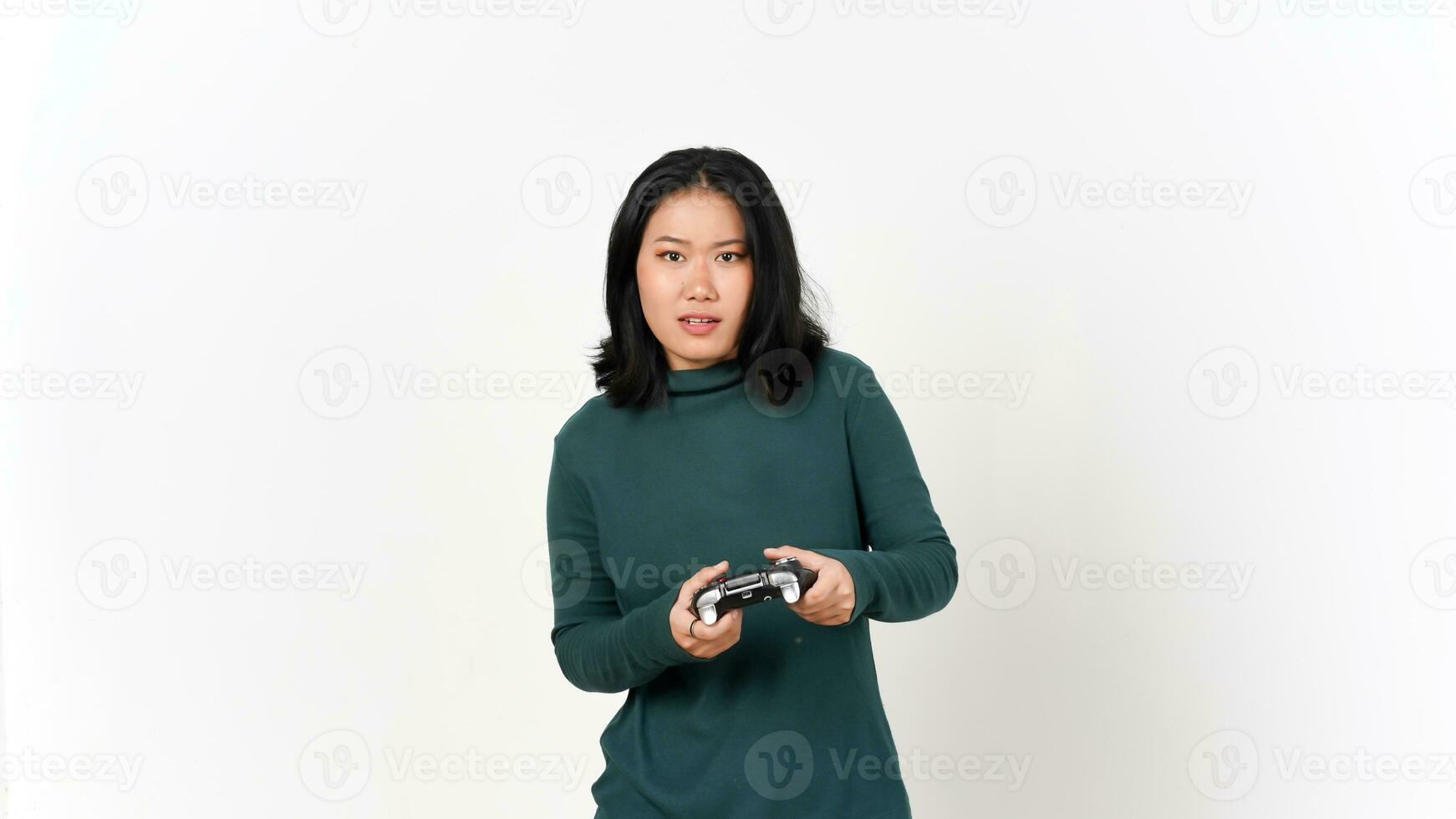 Holding Game Controller and Playing with angry because lose the game Of Beautiful Asian Woman Isolated On White Background photo