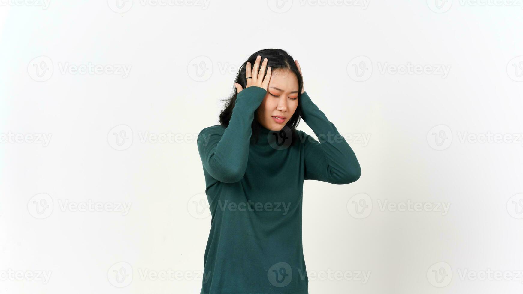 Hand on Head for Headache Gesture or Head Pain Of Beautiful Asian Woman Isolated On White Background photo