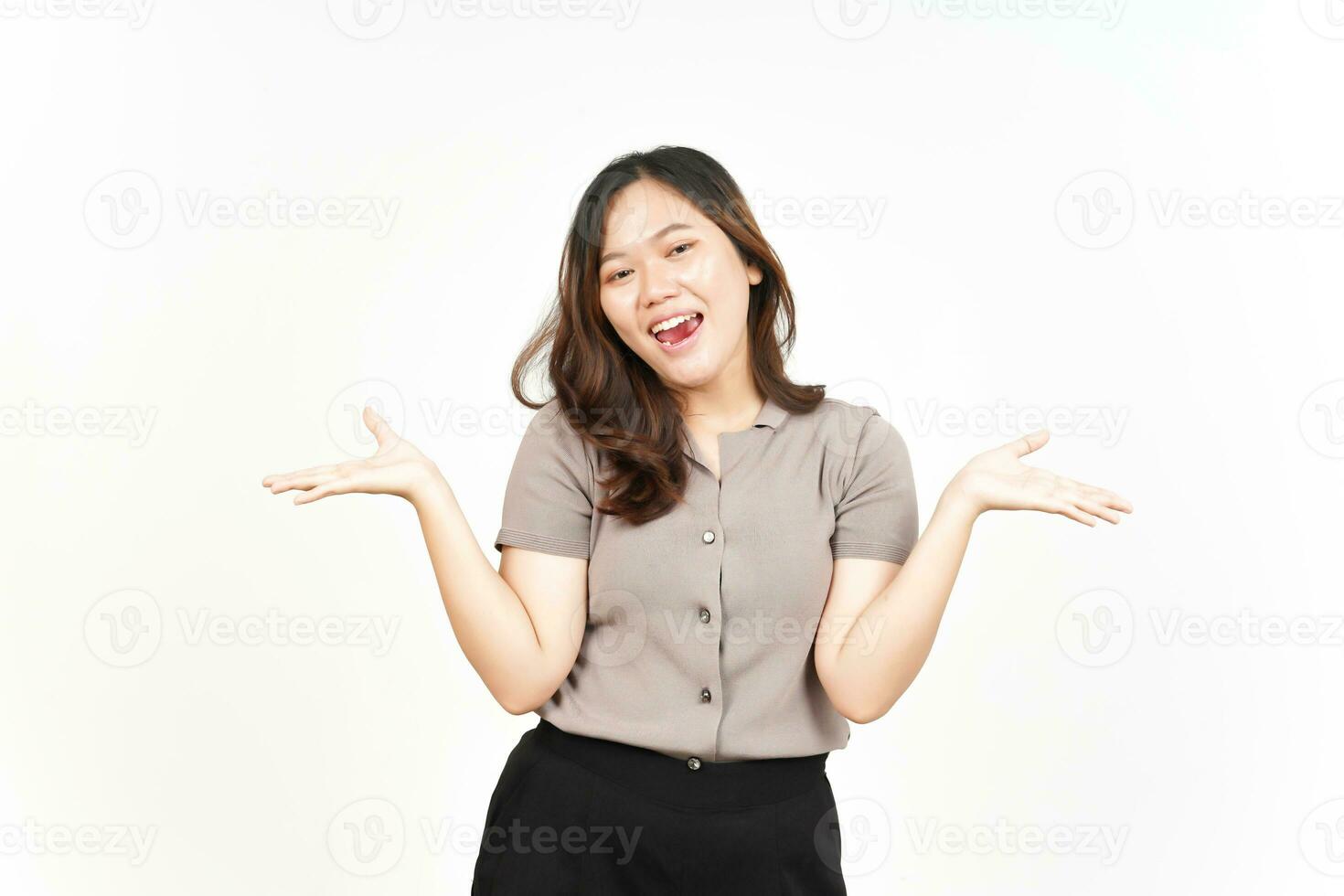 Presenting and Showing Two Product On palm Of Beautiful Asian Woman Isolated On White Background photo