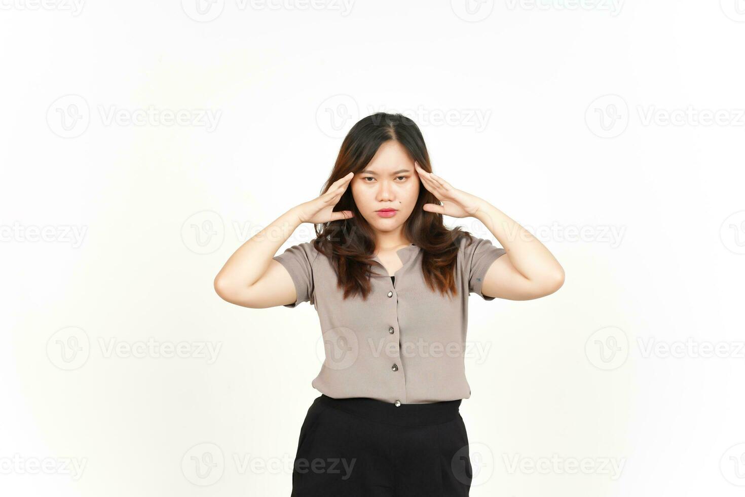 Suffering Headache Of Beautiful Asian Woman Isolated On White Background photo