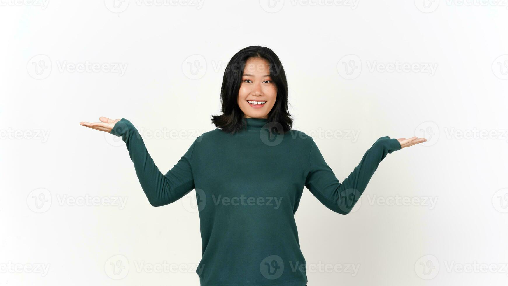 Showing Two Product on Open Palm Of Beautiful Asian Woman Isolated On White Background photo