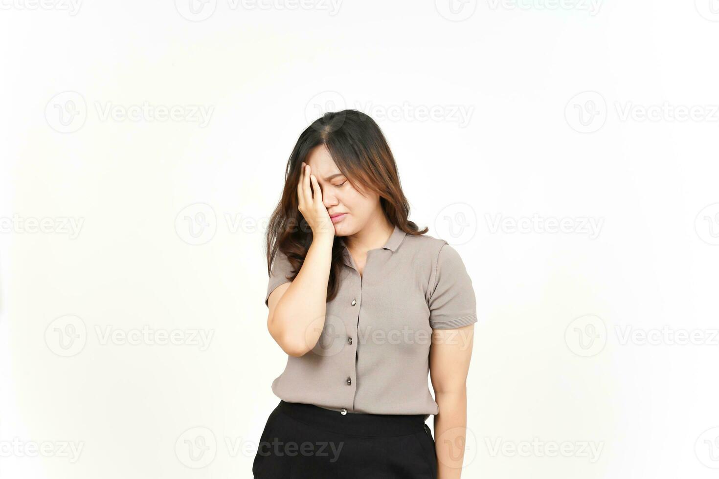 Suffering Headache Gesture Of Beautiful Asian Woman Isolated On White Background photo