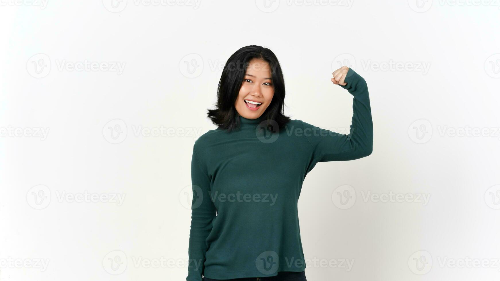 Showing Strength Arms Woman Equals Concept Of Beautiful Asian Woman Isolated On White Background photo