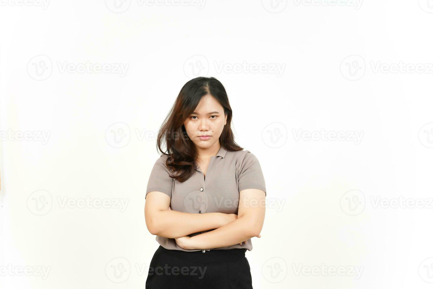 Folding arms with angry face Of Beautiful Asian Woman Isolated On White Background photo