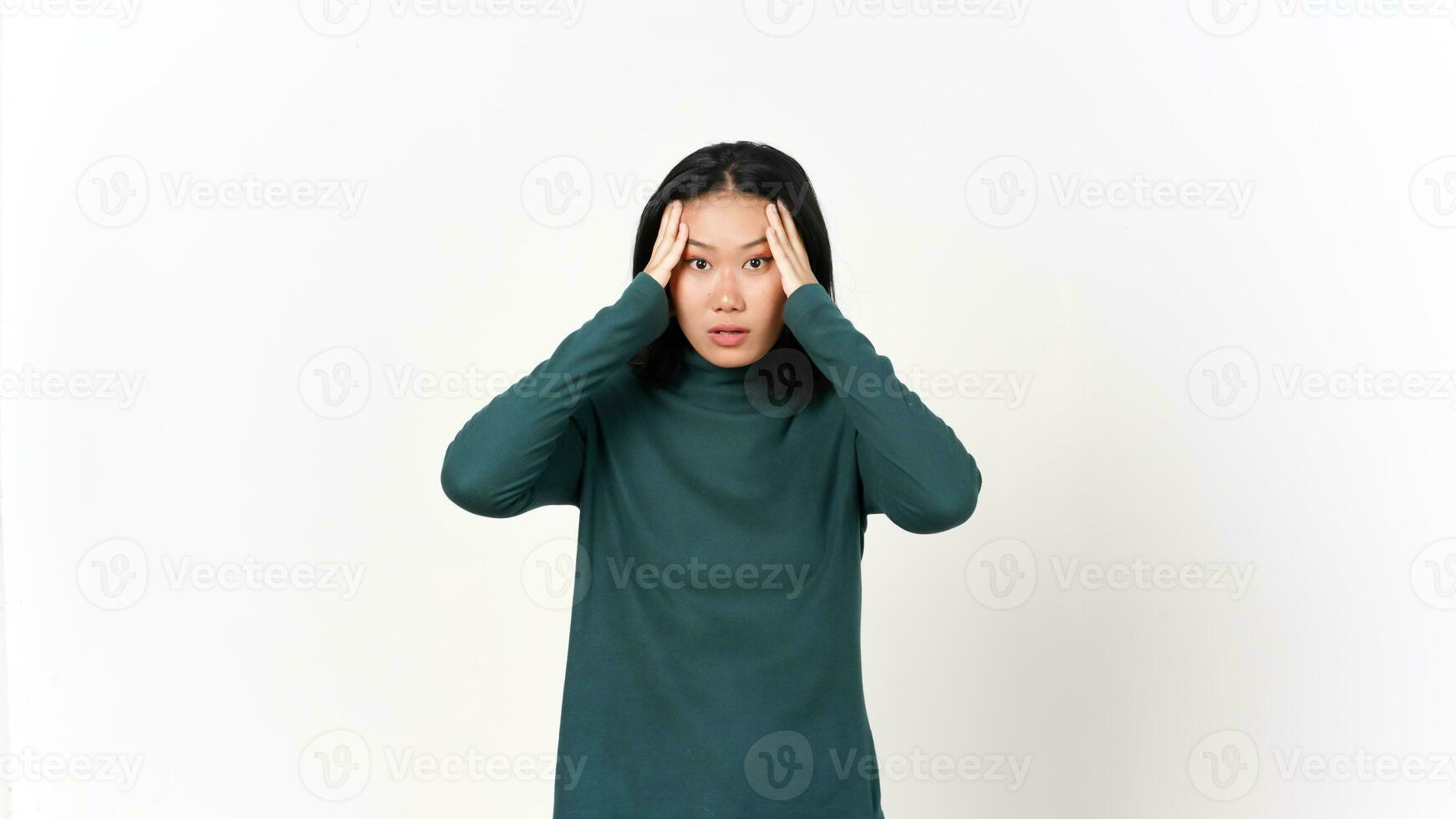 Hand on Head for Headache Gesture or Head Pain Of Beautiful Asian Woman Isolated On White Background photo
