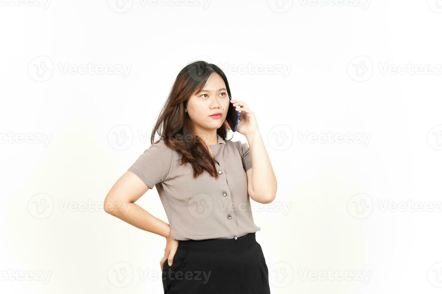 Make a Phone Call Using smartphone with Serious face Of Beautiful Asian Woman Isolated On White photo