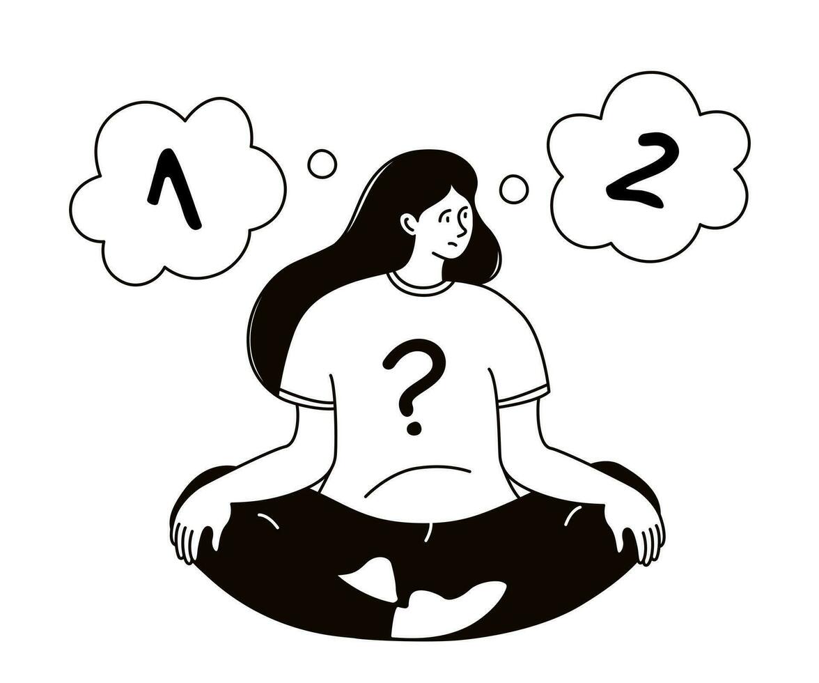 Pensive woman choosing between two options. Outline black and white doodle vector illustration on white background.