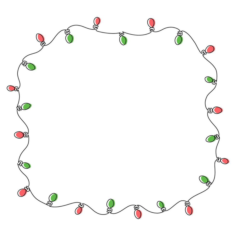 Light garland single line frame. Christmas and New Year background with festoon holiday decorations drawing. Vector illustration isolated on white.