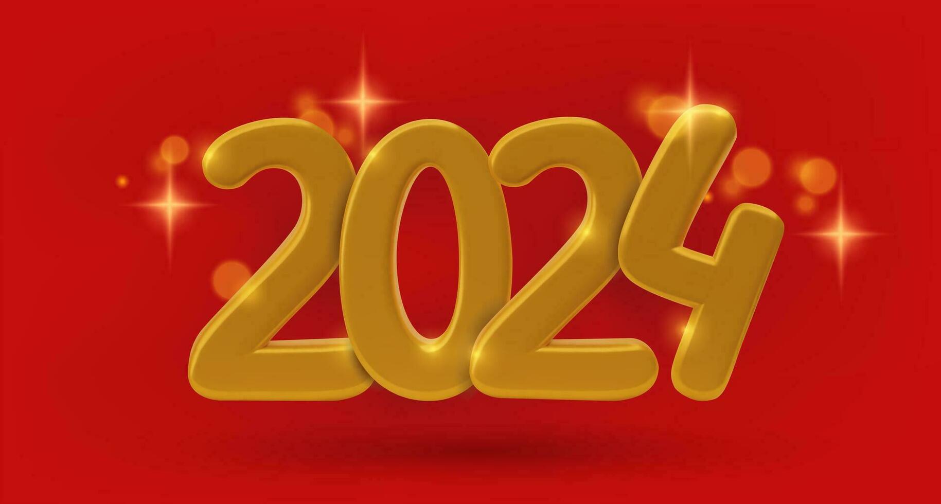2024 New Year 3d gold numbers on red background with yellow sparkling stars light effect. Minimal realistic three dimensional festive holiday banner. Vector Illustration.