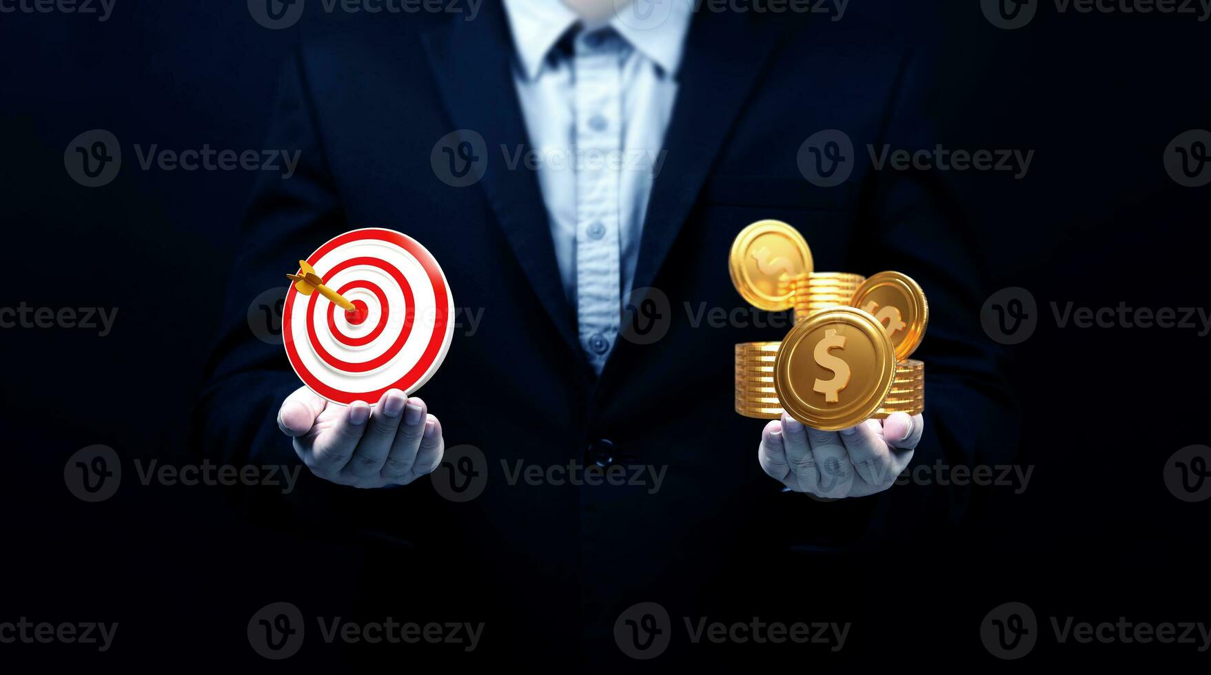 Goals and financial success. Two hands of businessman showing target and dollar coin. concept of Business strategic planning and goals for increasing profits. photo