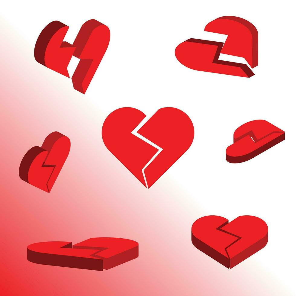 3d roto rojo corazón con diferente anglos, vector icono para amor