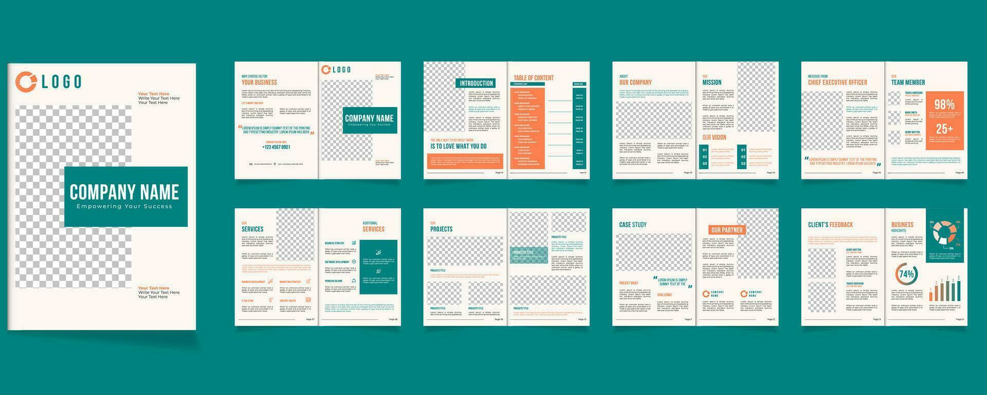 Company Profile Brochure Design Template. 16 Pages Business Profile, Annual Report Brochure Design. vector