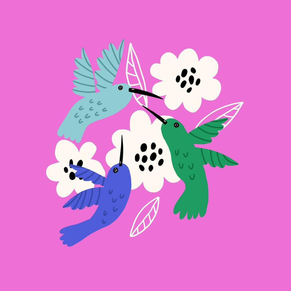 Bright Hummingbird with flower cotton for kids print vector