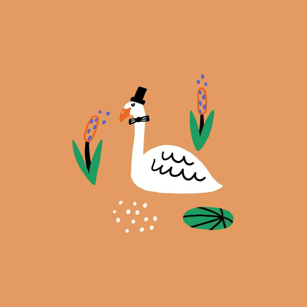 Cute Swan with reed for kids print vector