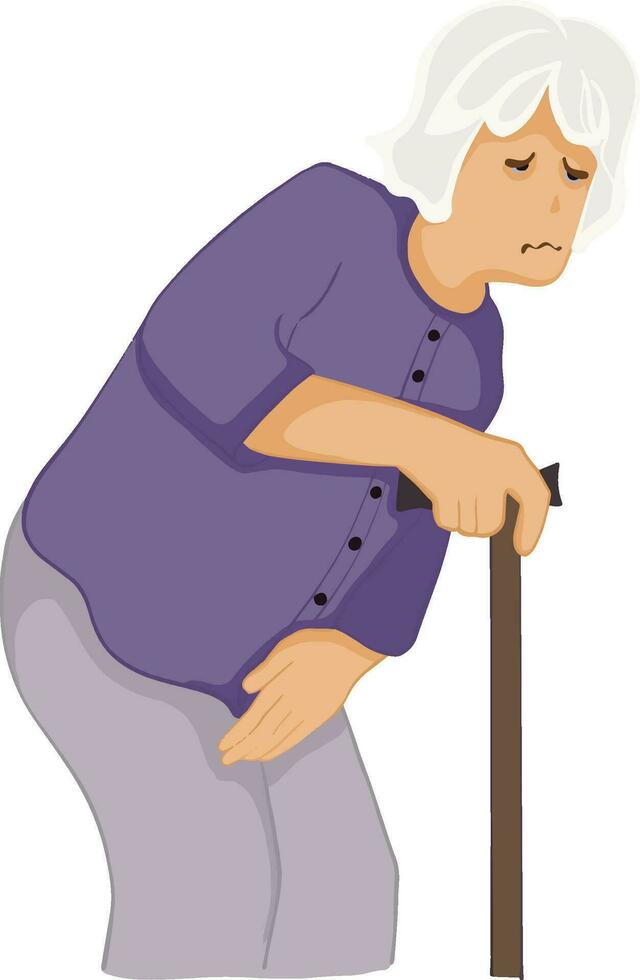 Cartoon drawing of an elderly woman suffering from urinary incontinence and abdominal pain. vector illustration