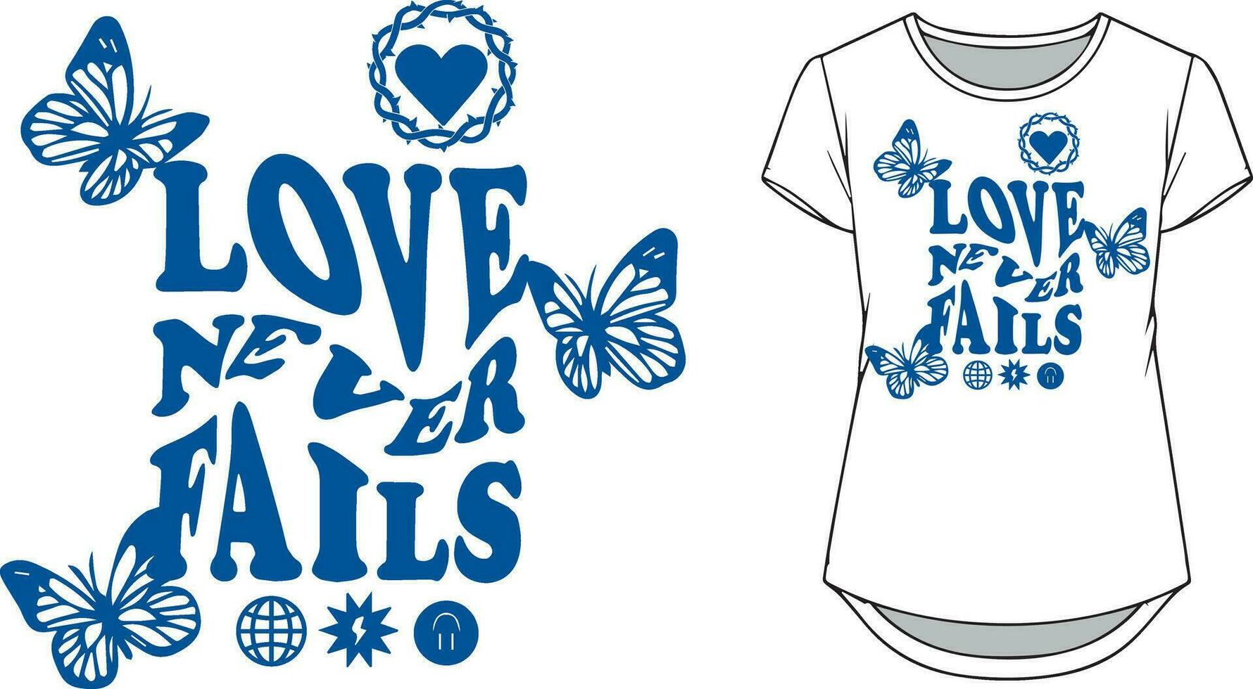 Love never fails typography t-shirt design illustration. In navy blue. vector