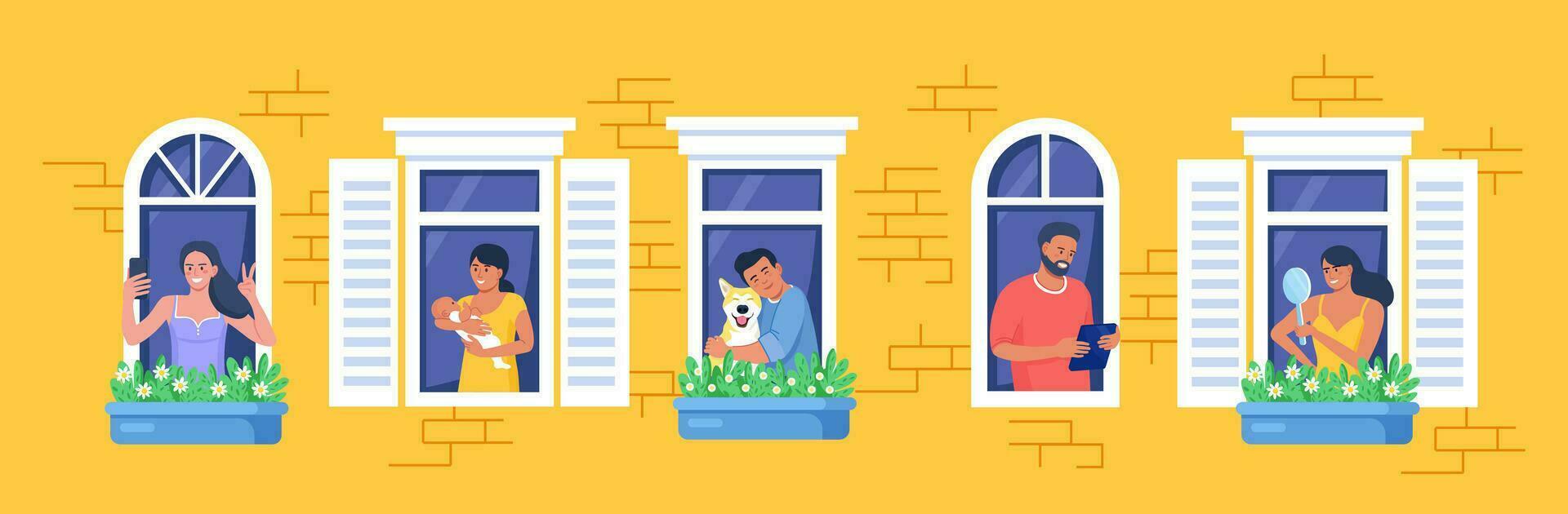 Outer wall of house with neighbors and dog at windows. Happy men and women look out of apartments reading, take photo, chatting with phone, hugging, holding child. Stay home, daily routine activity vector