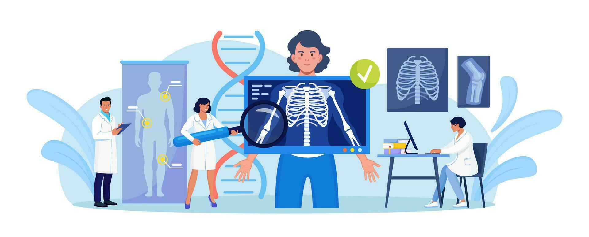 mujer en pie detrás X rayo máquina para examen de pecho. radiografía médico diagnóstico, huesos esqueleto chequeo. radiología cuerpo escáner para diagnóstico paciente enfermedad. roentgen de cofre hueso vector