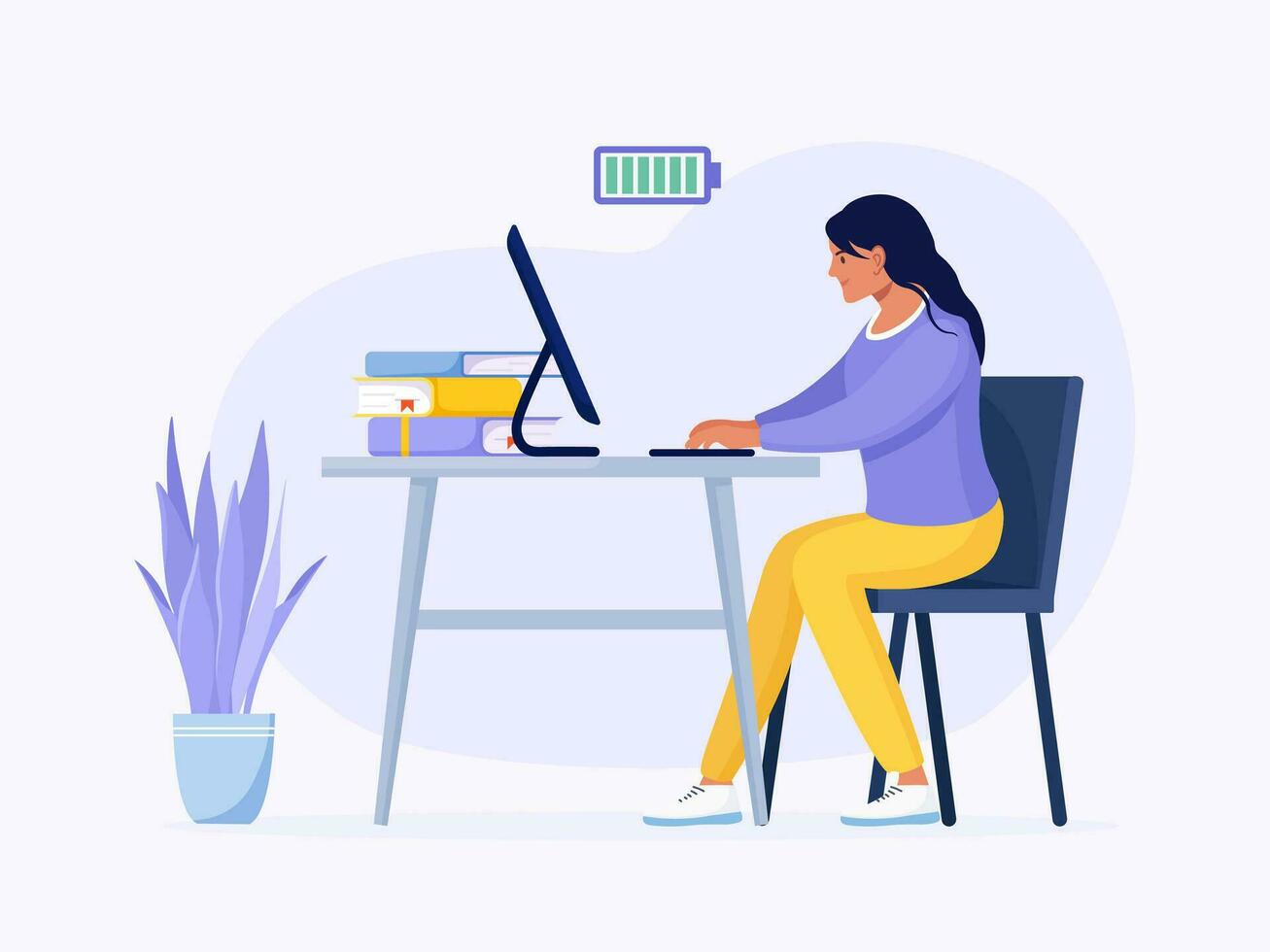 Energetic business woman working at table with computer. Fully charged active girl. Mentally healthy employee. Battery Full of energy. Professional productivity, motivation and enthusiasm vector