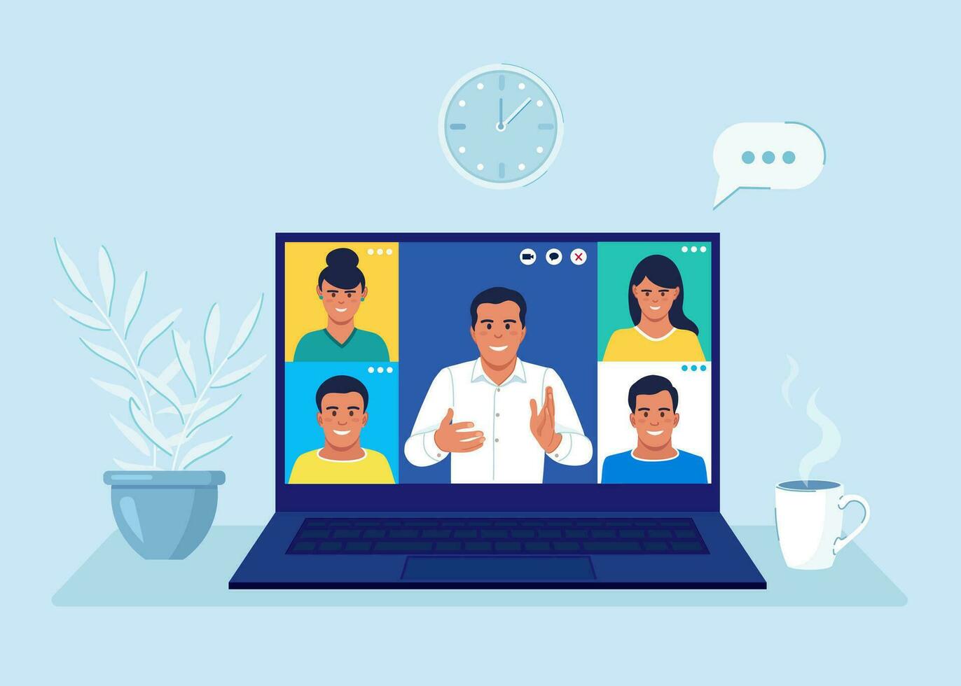 Video conference. Colleagues talk to each other on the laptop screen. Conference video call, working from home, online meeting workspace. Vector illustration