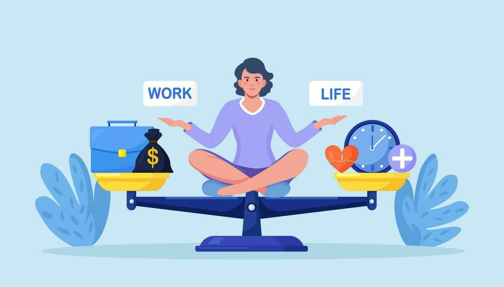 Life and work balance on scales. Woman keep harmony choose between career and money versus health and time, leisure or business. Comparison stress and healthy life, family, love versus job vector