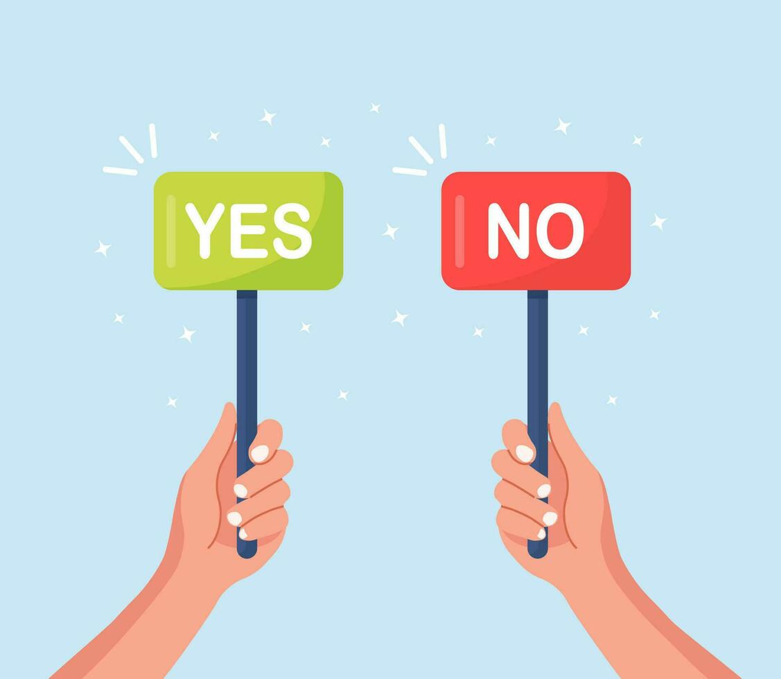 Human hand hold banner, placard with word Yes, No. Test question, choice, dispute, vote concept vector