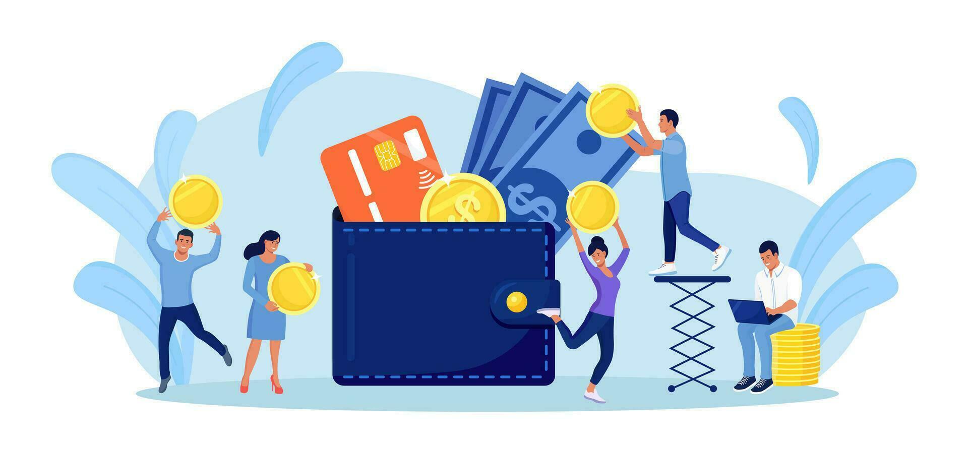 Successful People with Big Wallet Full of Money, Credit or Debit Card. Person Putting Coin into Purse. Investment, Earnings Money. Businessmen Increasing Capital and Profits. Wealth and Savings vector