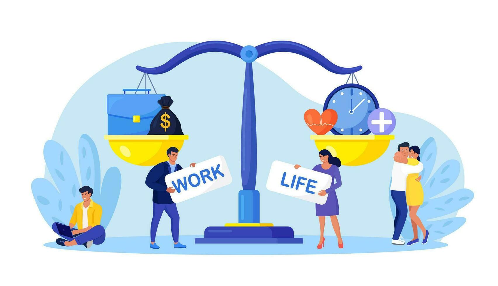 Life and work balance on scales. People keep harmony choose between career and money versus health and time, leisure or business. Comparison stress and healthy life, family, love versus job vector
