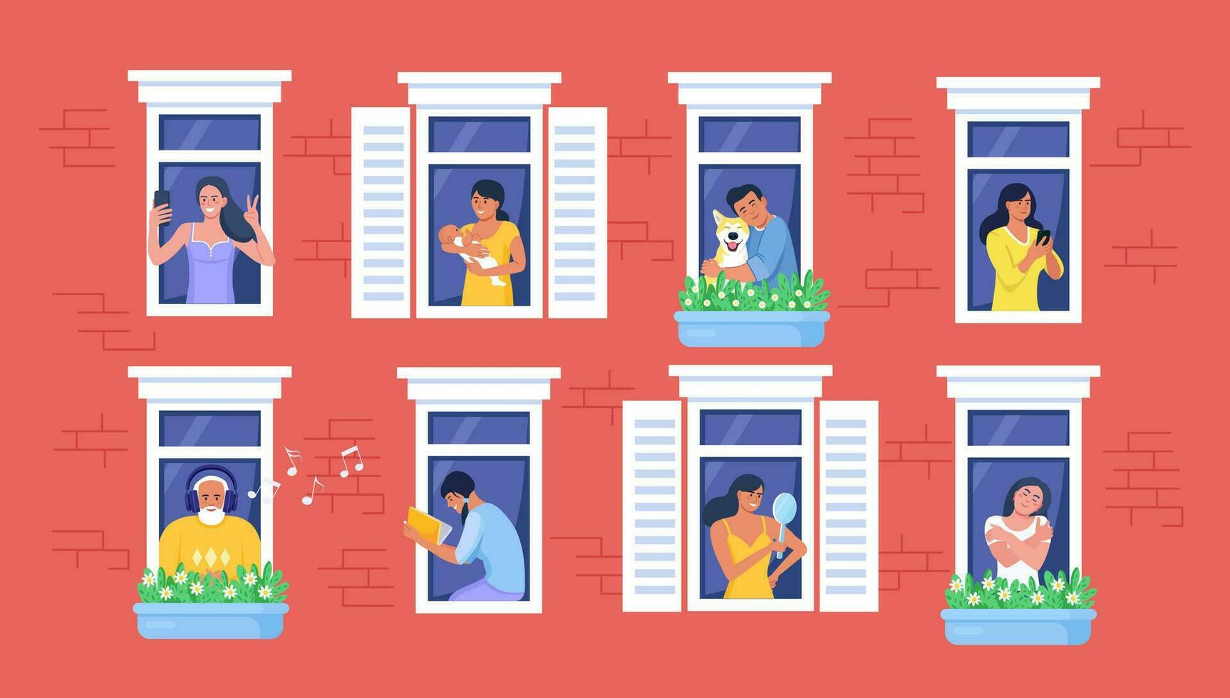 Outer wall of house with neighbors and dog at windows. Happy men and women look out of apartments reading, take photo, chatting with phone, hugging, listening music. Stay home, daily routine activity vector